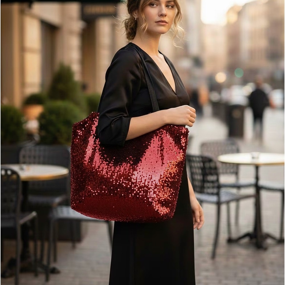 Tamsy Red Sequin Tote Bag Sparkly Shoulder Bag Party Evening Handbag